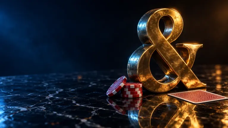 Polished brass ampersand with red and white casino chips and a playing card on black marble, header for English language online casinos
