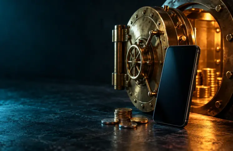 Entercash casinos header: small brass vault door standing open with a smartphone and coins