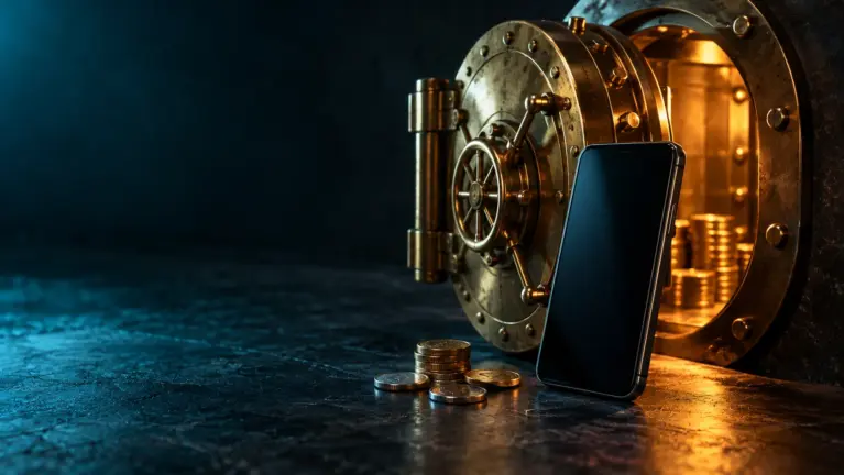 Entercash casinos header: small brass vault door standing open with a smartphone and coins