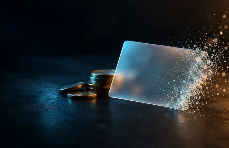 Entropay casinos header: frosted blank card dissolving into particles next to a stack of coins