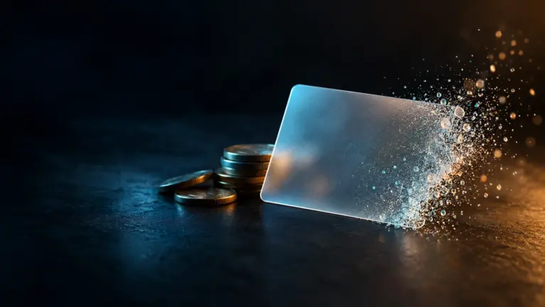 Entropay casinos header: frosted blank card dissolving into particles next to a stack of coins
