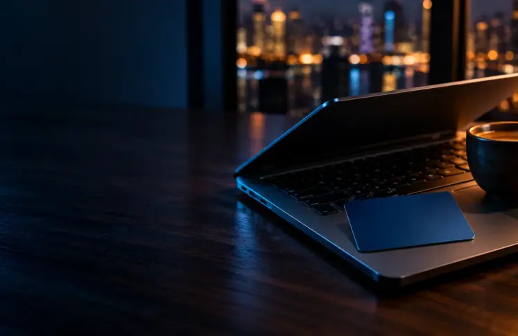 ePay casinos header: a laptop with a blue debit card and a cup of coffee in front of city lights