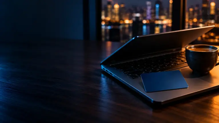 ePay casinos header: a laptop with a blue debit card and a cup of coffee in front of city lights