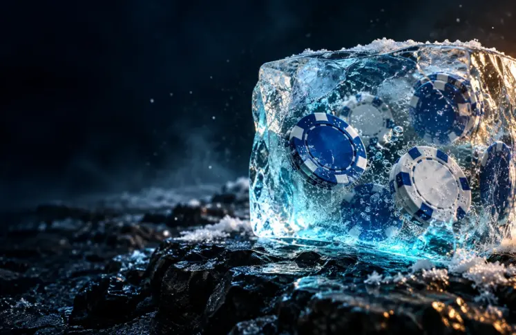 Blue and white casino chips frozen in a block of clear ice on dark frosty stone, header for Finnish language online casinos