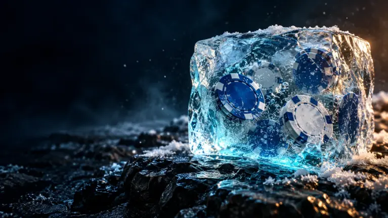 Blue and white casino chips frozen in a block of clear ice on dark frosty stone, header for Finnish language online casinos