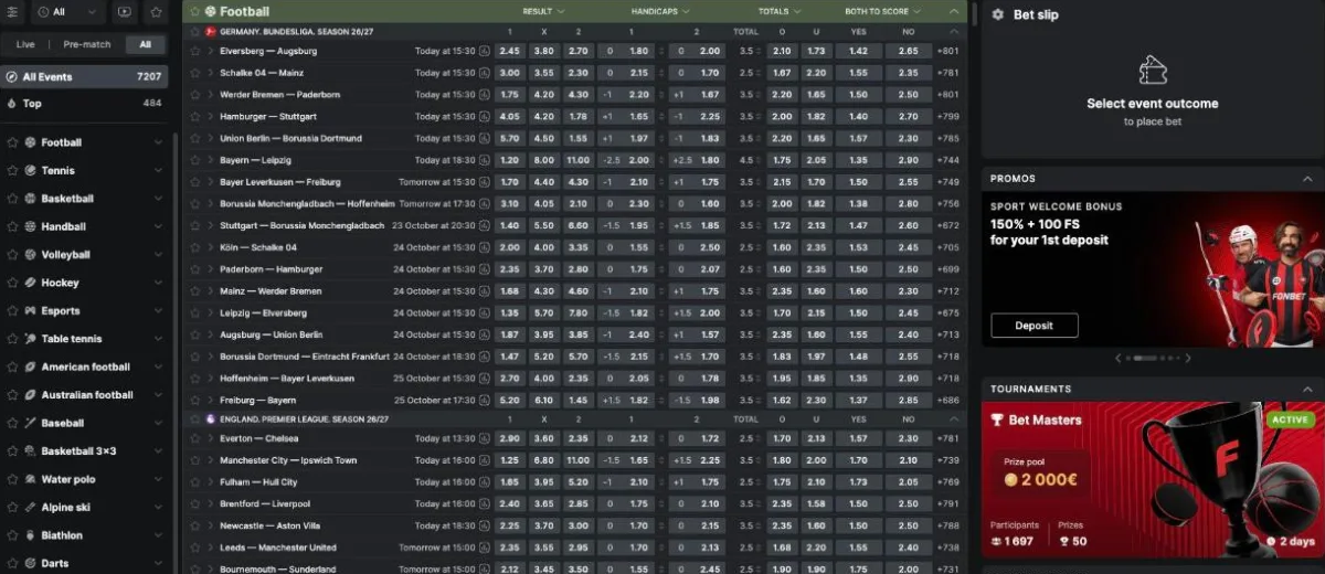 Fonbet sportsbook with 7,207 events, Bundesliga and Premier League odds for result, handicaps, totals and both teams to score, plus the bet slip and the Bet Masters tournament