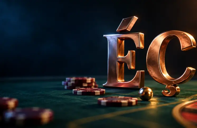 Copper letters É and Ç on green roulette felt with burgundy casino chips and a roulette ball, header for French language online casinos