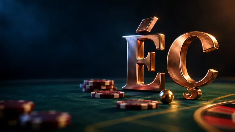 Copper letters É and Ç on green roulette felt with burgundy casino chips and a roulette ball, header for French language online casinos