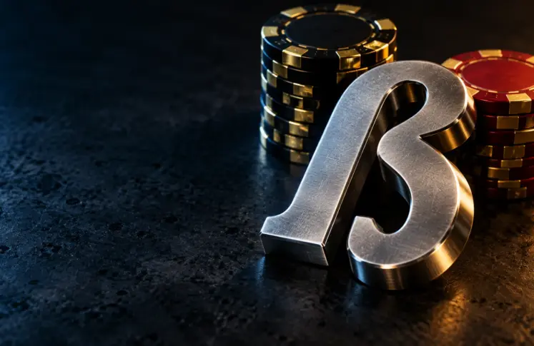 Brushed steel letter ß in front of stacked black, red and gold casino chips on dark concrete, header for German language online casinos
