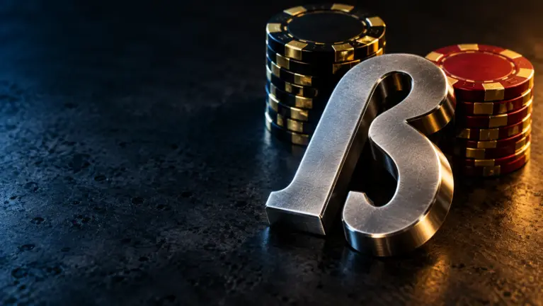 Brushed steel letter ß in front of stacked black, red and gold casino chips on dark concrete, header for German language online casinos