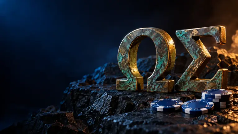 Bronze Greek letters Ω and Σ with casino chips, Greek language casinos