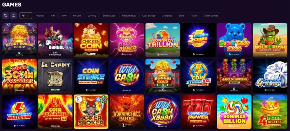 GT.bet casino lobby with slot filters and Hold and Win games