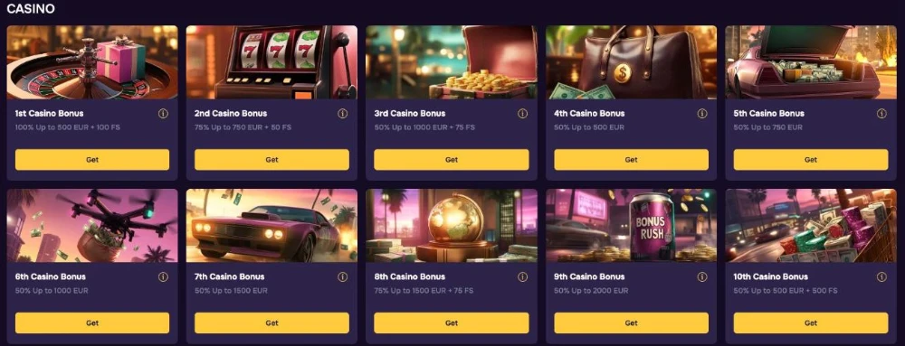 GT.bet promotions page showing the ten casino welcome bonus levels