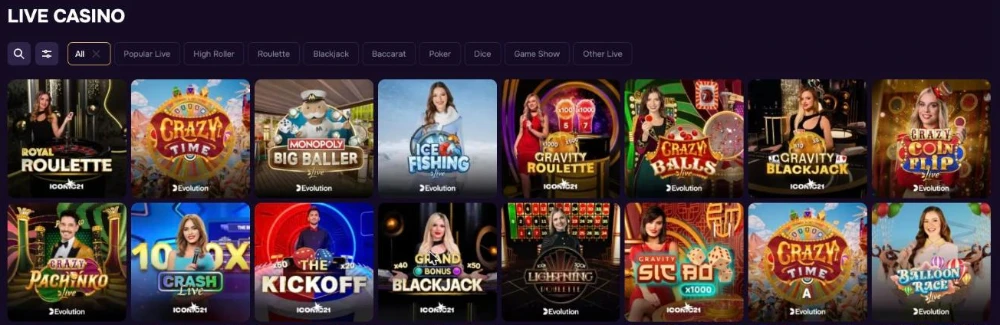 GT.bet live casino lobby with Evolution and ICONIC21 tables
