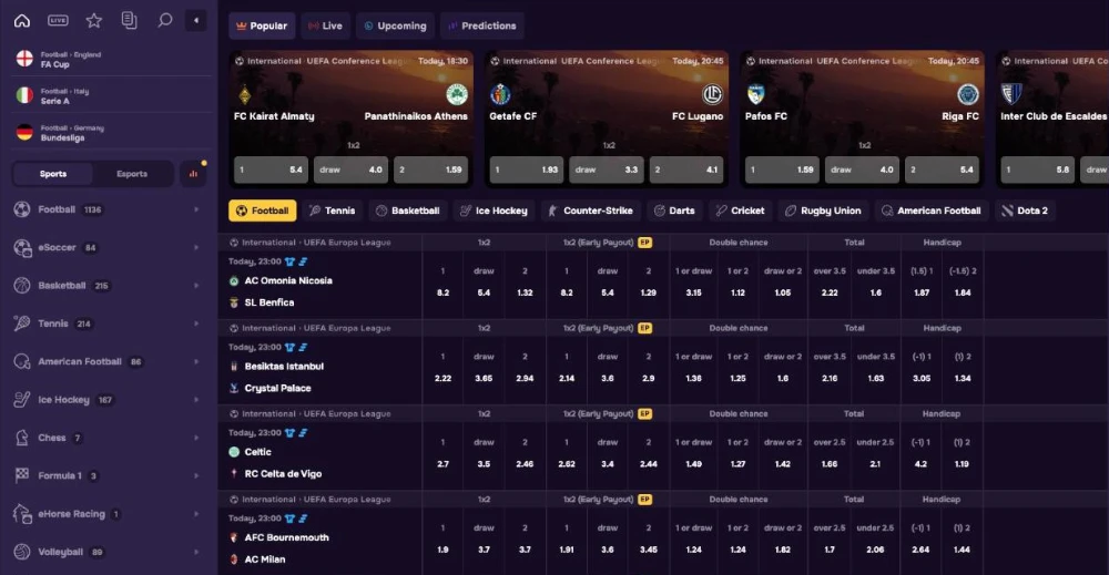 GT.bet sportsbook with Europa League odds and early payout markets