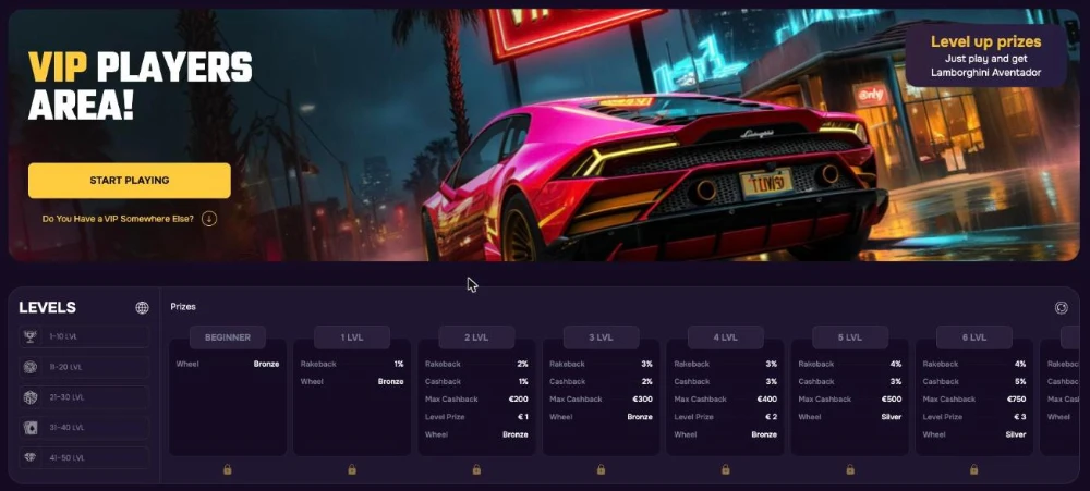 GT.bet VIP area with rakeback and cashback per level