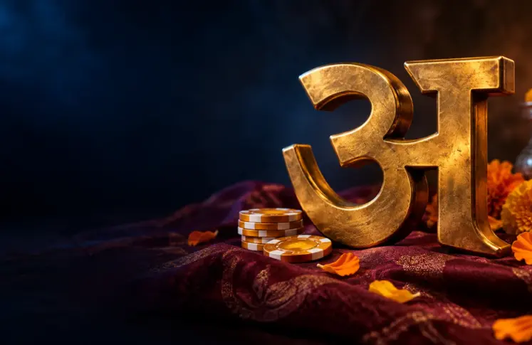 Brass Devanagari letter अ on maroon silk with marigolds and casino chips