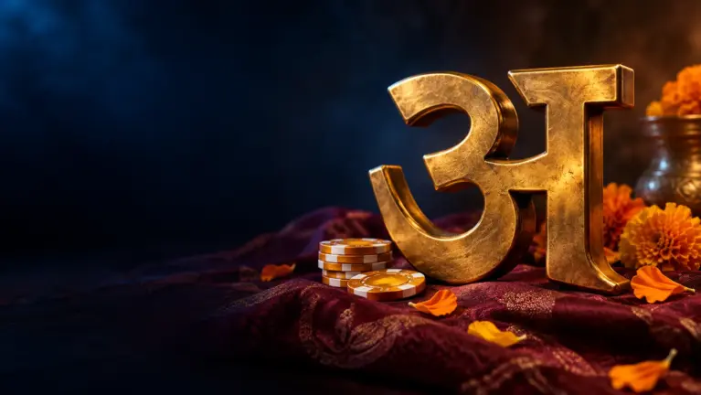 Brass Devanagari letter अ on maroon silk with marigolds and casino chips