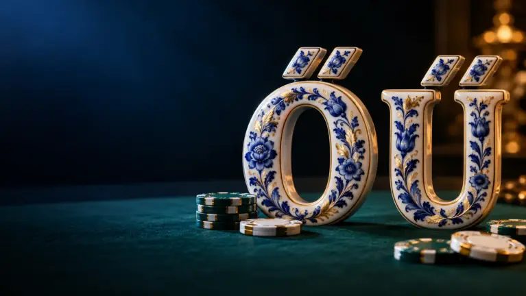Porcelain letters Ő and Ű with casino chips, Hungarian language casinos
