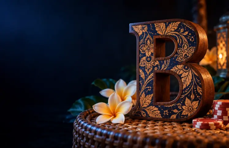 Teak letter B with batik inlay on rattan with frangipani and casino chips