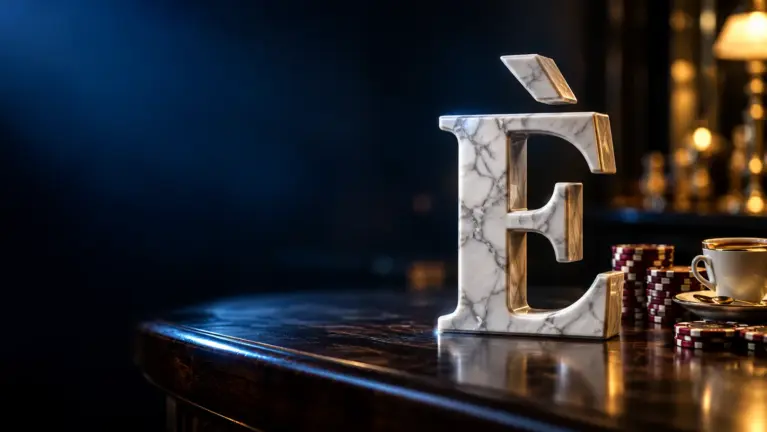 Sculpted marble letter È with casino chips, Italian language casinos