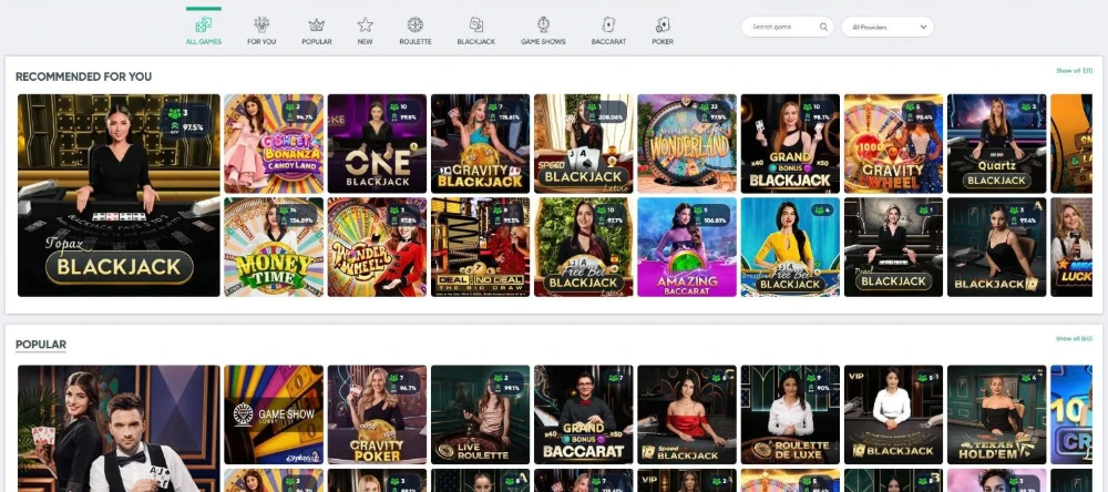 Ivibet live casino lobby with blackjack, roulette and game show tables