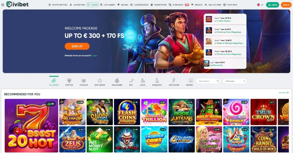 Ivibet Casino lobby with game categories and the welcome package banner