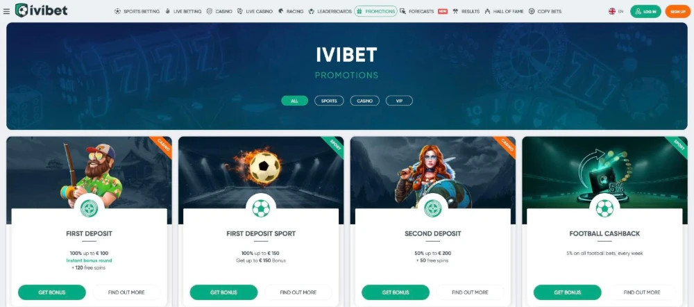 Ivibet Casino promotions page with the first and second deposit casino bonuses