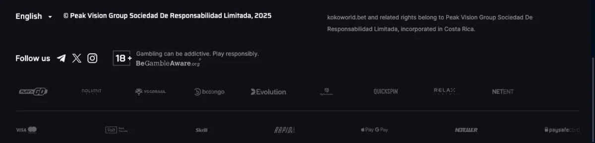 KokoBet footer naming Peak Vision Group in Costa Rica, plus providers and payment methods