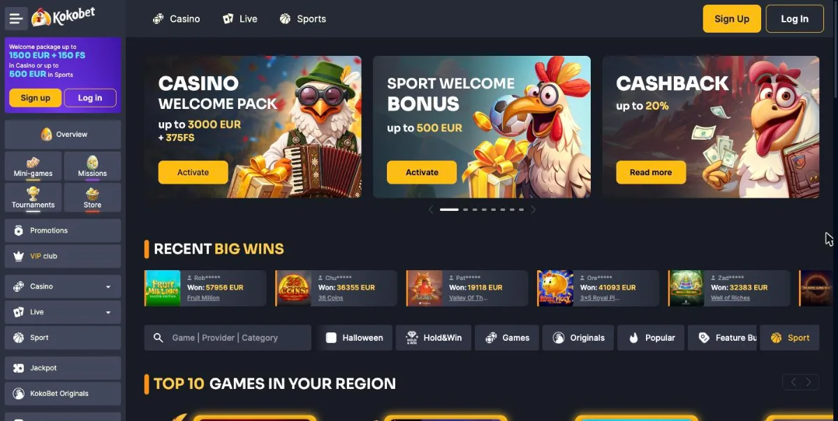 KokoBet Casino lobby with the casino welcome pack, sport bonus and cashback banners