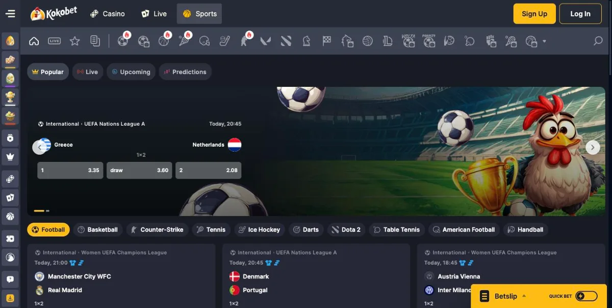 KokoBet sportsbook with popular football matches, esports tabs and the bet slip