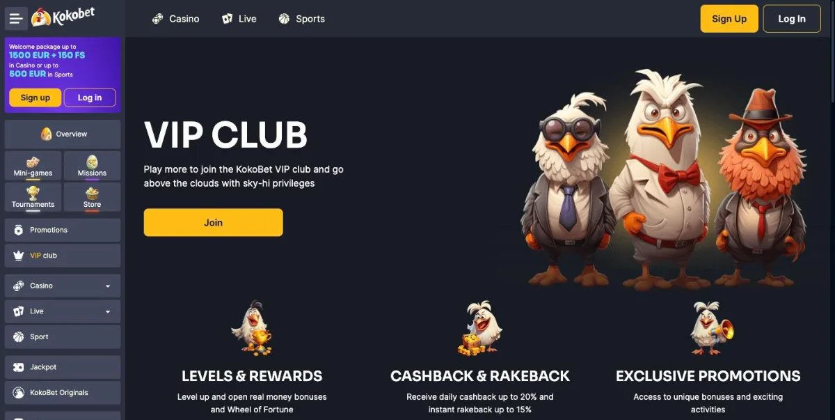 KokoBet VIP club with levels and rewards, daily cashback up to 20% and rakeback up to 15%