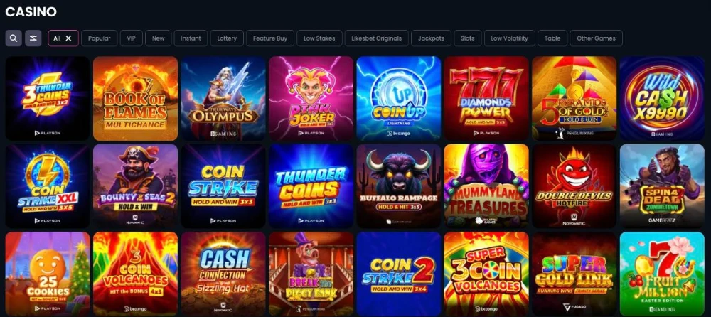 Likes.bet casino lobby with filters and Hold and Win slots
