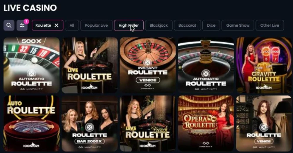 Likes.bet live casino lobby filtered to roulette tables from ICONIC21 and Winfinity