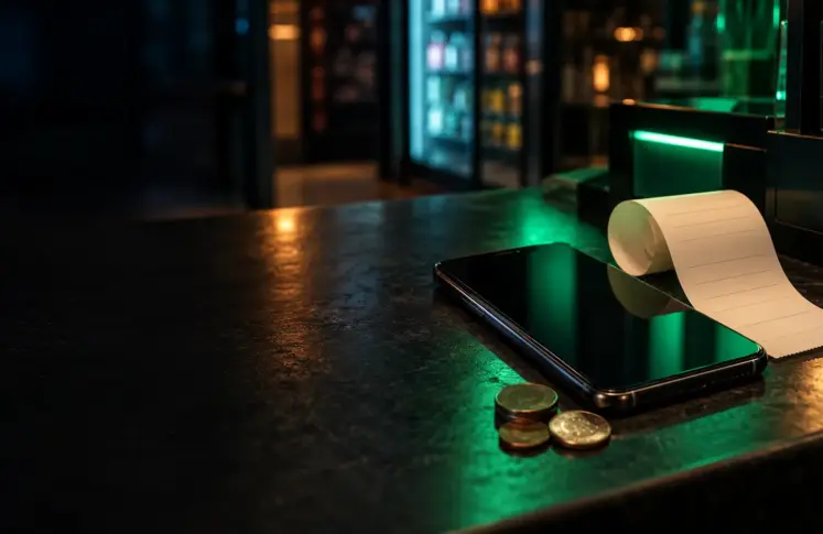 LINE Pay casinos header: a smartphone, a blank receipt and coins on a dark counter with green light