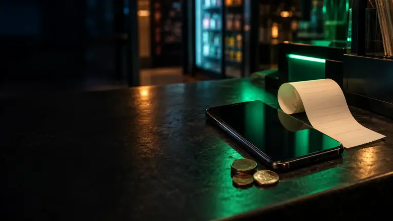 LINE Pay casinos header: a smartphone, a blank receipt and coins on a dark counter with green light