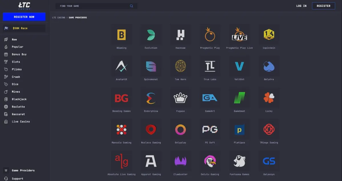 LTC Casino game providers page with BGaming, Evolution, Hacksaw, Pragmatic Play and more