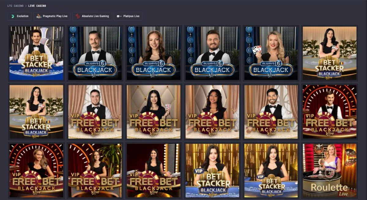 LTC Casino live casino lobby with studio filters for Evolution, Pragmatic Play Live, Absolute Live Gaming and Platipus Live