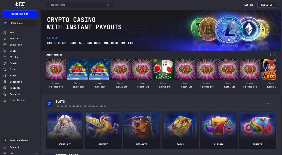 LTC Casino lobby with the eleven accepted cryptocurrencies, latest winners and slot categories