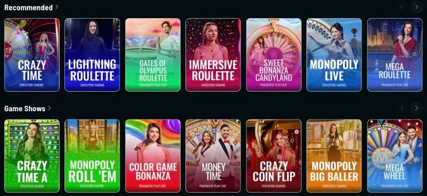 Live casino lobby with Crazy Time, Lightning Roulette and Pragmatic Play Live game shows