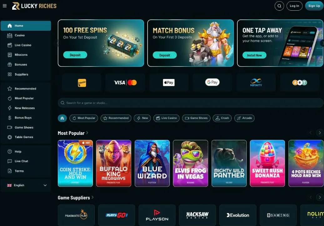 Lucky Riches Casino lobby with promo banners, payment logos and the Most Popular slots row