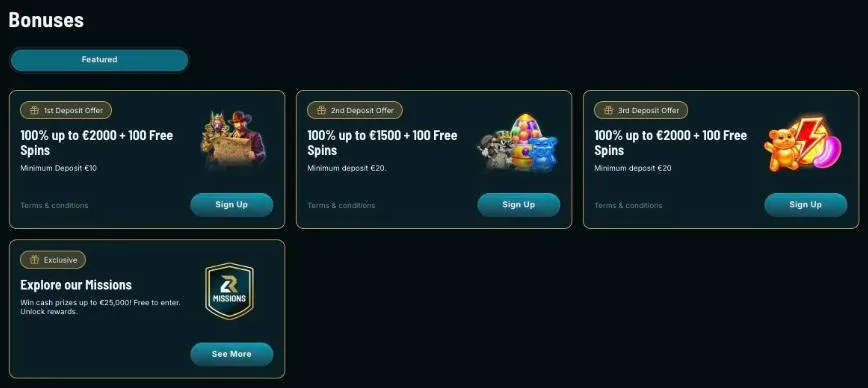 Bonuses page showing three deposit offers worth up to €5,500 plus 300 free spins