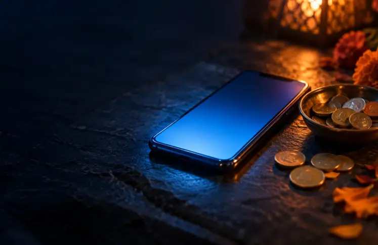 MobiKwik casinos header: a smartphone with a blue screen beside a dish of coins and marigold petals