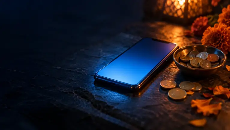 MobiKwik casinos header: a smartphone with a blue screen beside a dish of coins and marigold petals