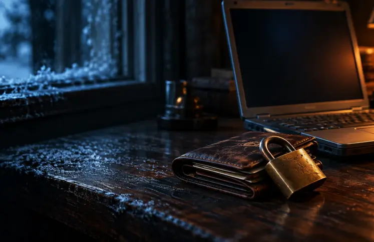 Moneta.ru casinos header: a leather wallet locked with a brass padlock beside a laptop by a frosted window