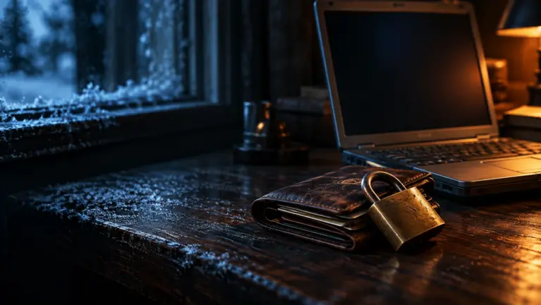 Moneta.ru casinos header: a leather wallet locked with a brass padlock beside a laptop by a frosted window