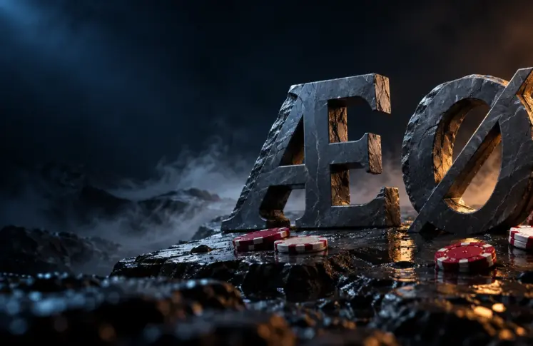 Slate letters Æ and Ø on wet black rock in low mist with red and white casino chips, header for Norwegian language online casinos