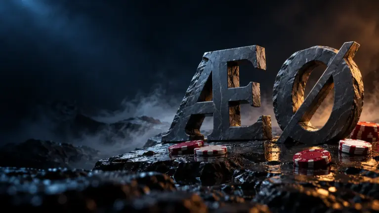 Slate letters Æ and Ø on wet black rock in low mist with red and white casino chips, header for Norwegian language online casinos
