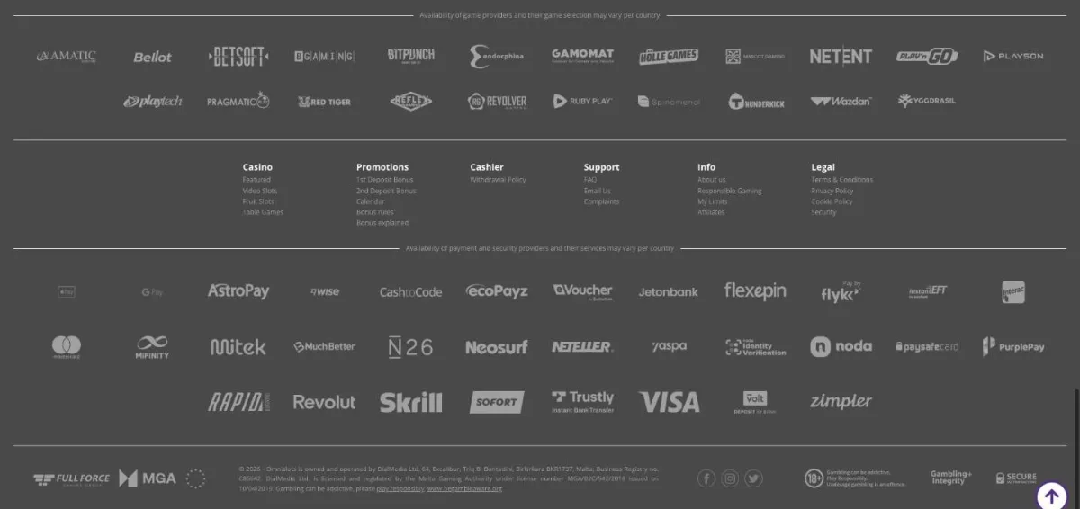 Omni Slots footer with game studio logos, payment methods such as Visa, Skrill, Neteller, Trustly and Revolut, and the DialMedia Ltd MGA licence text