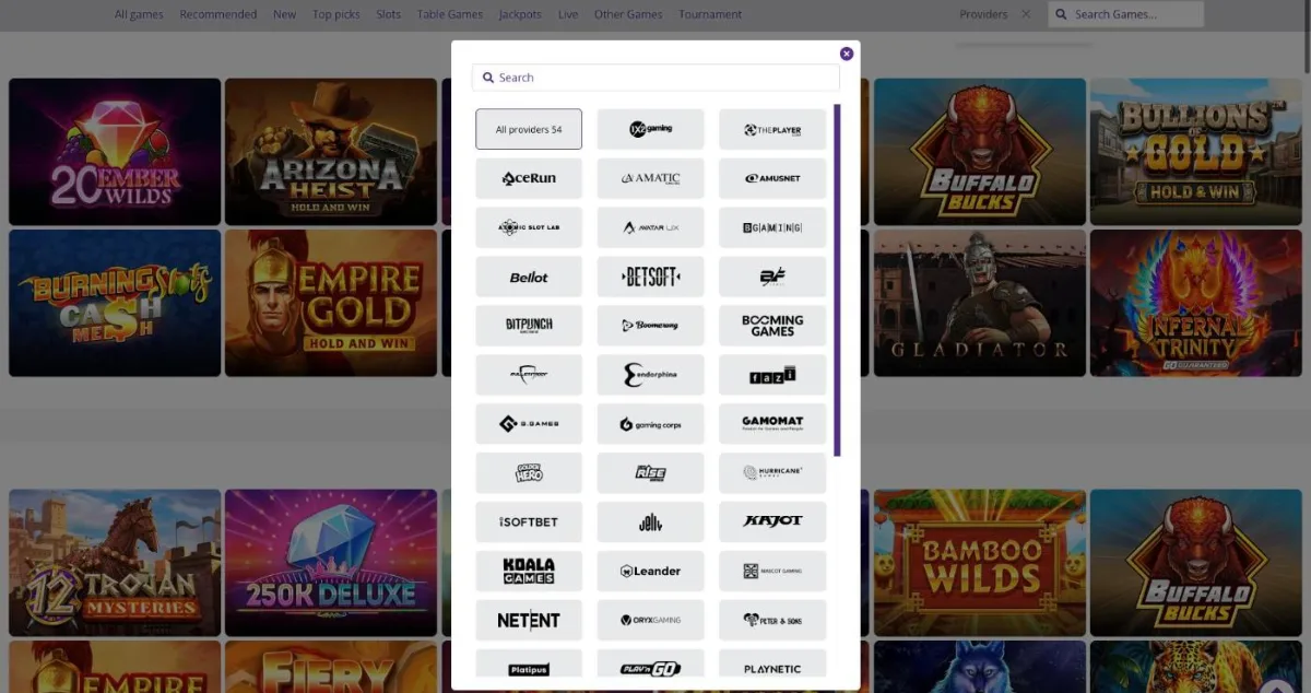 Omni Slots game lobby with the providers filter open, showing 54 studios including BGaming, Booming Games, NetEnt and Play'n GO